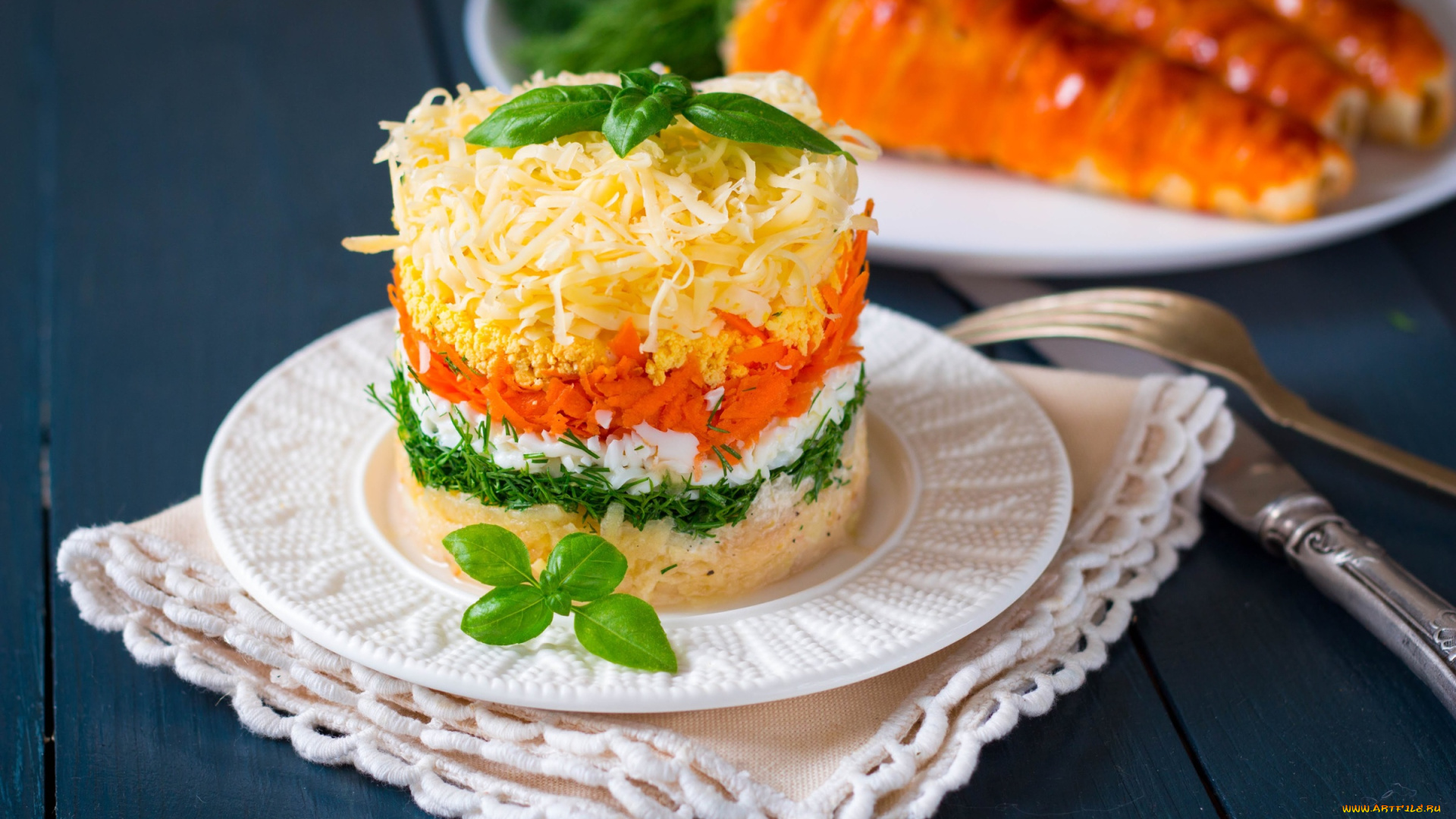 еда, салаты, , закуски, базилик, салат, многослойный