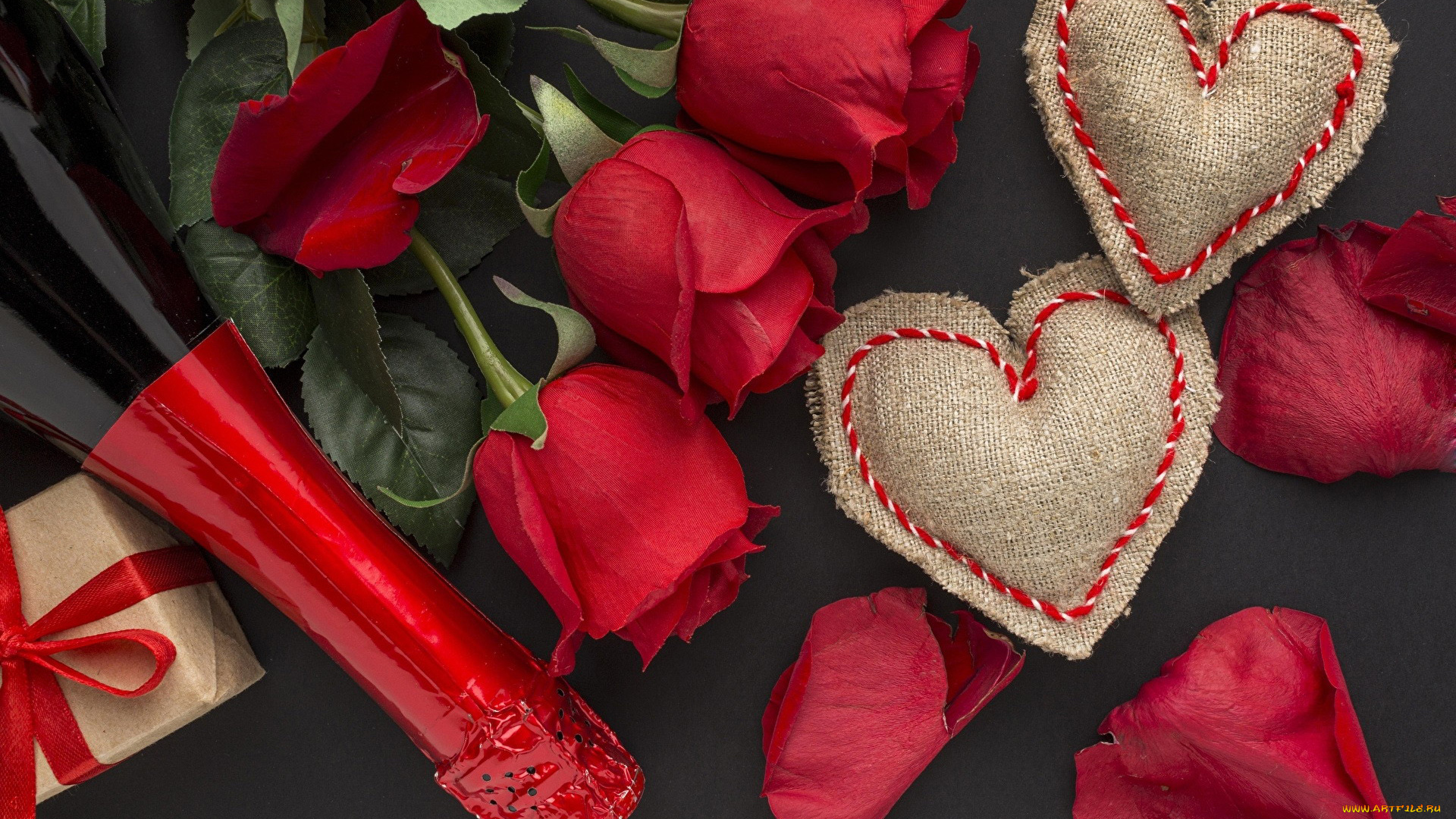 праздничные, день, святого, валентина, , сердечки, , любовь, подарок, розы, сердечки, вино