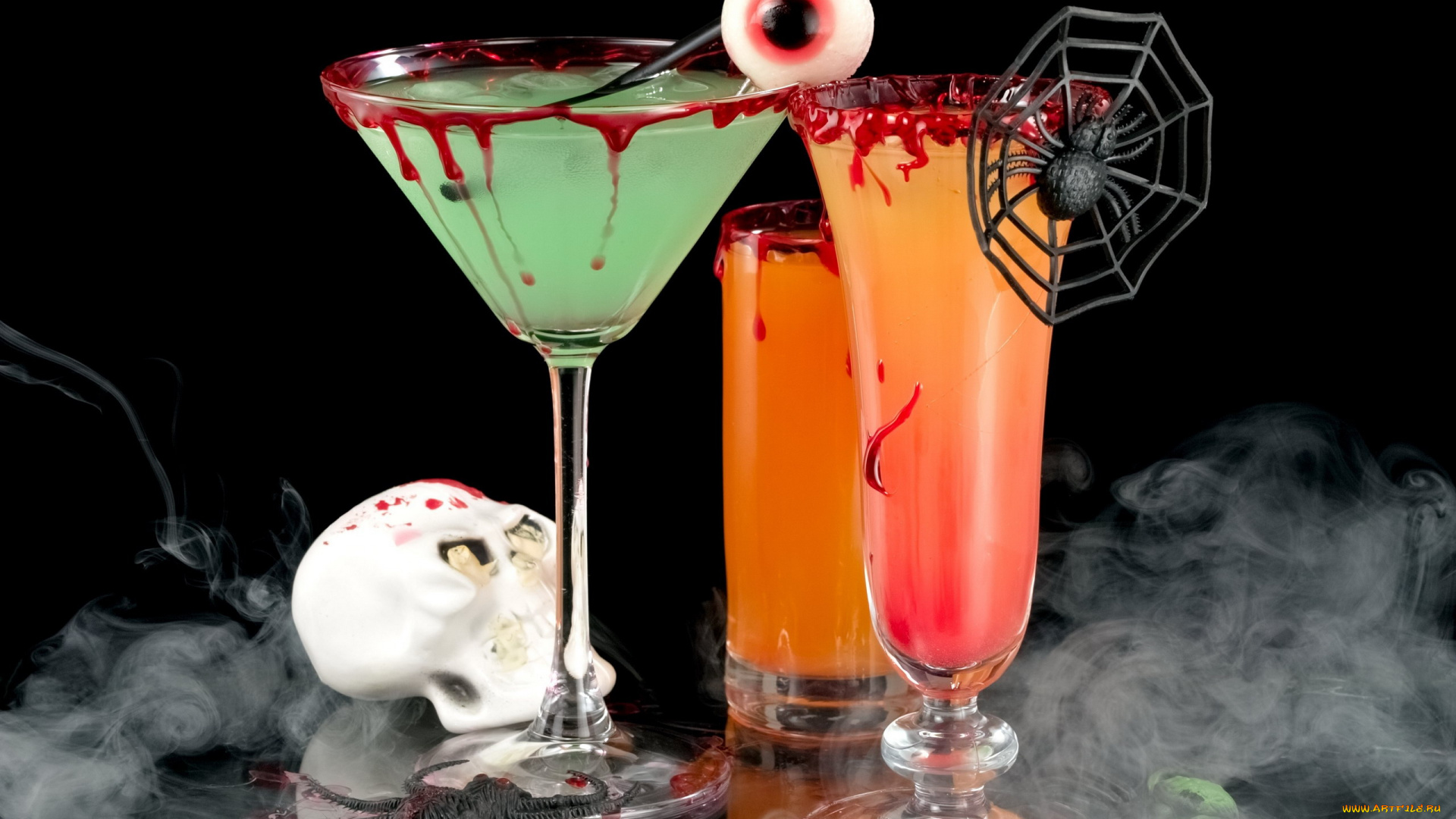 праздничные, хэллоуин, череп, бокалы, напитки, паук, паутина