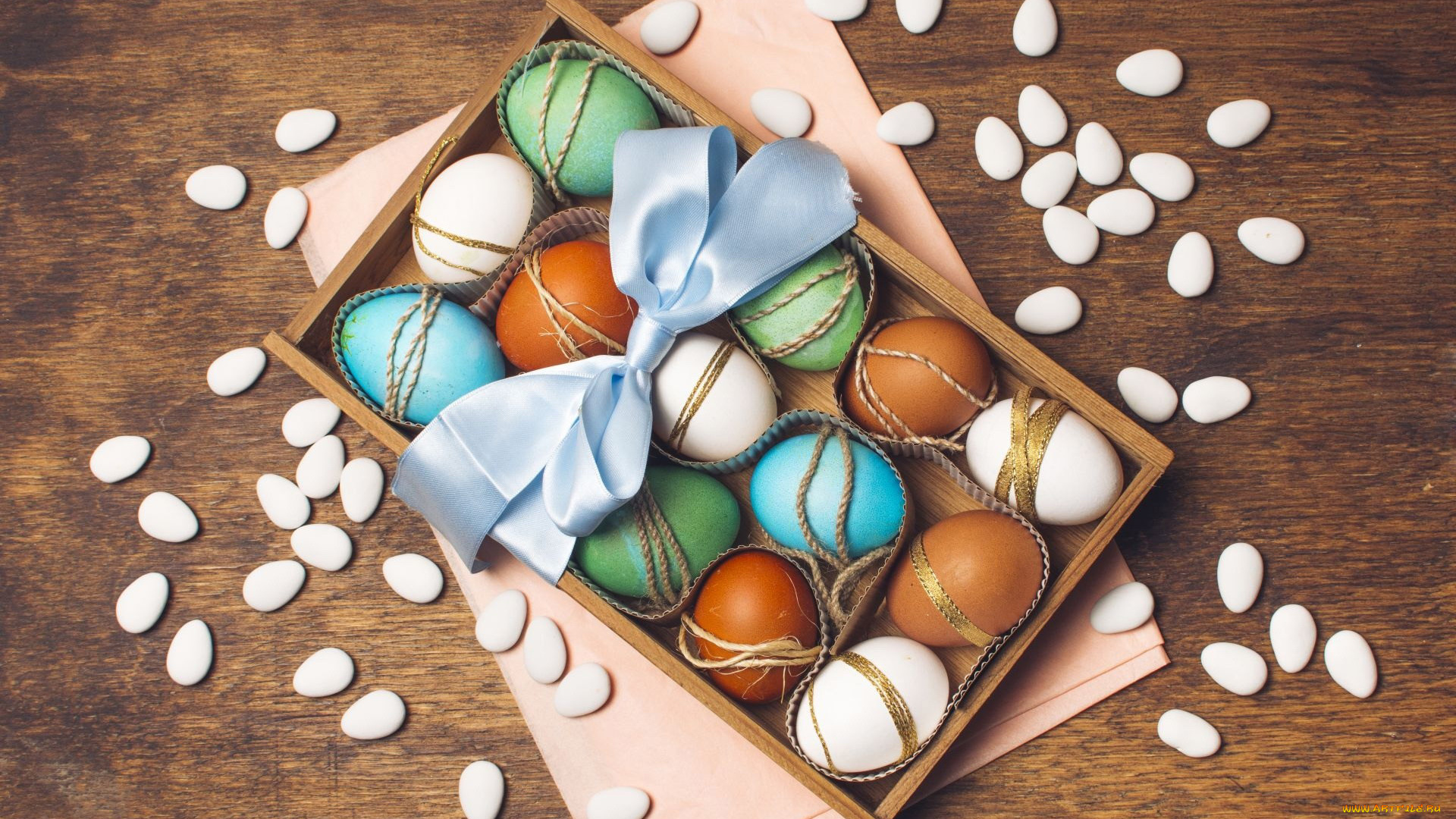 праздничные, пасха, коробка, лента, бант, крашенки
