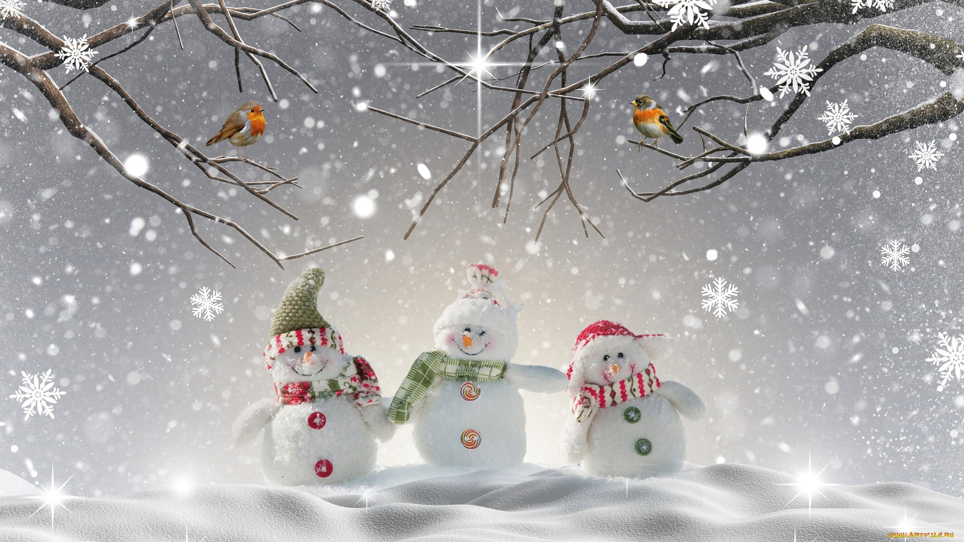 праздничные, снеговики, птицы, снежинки