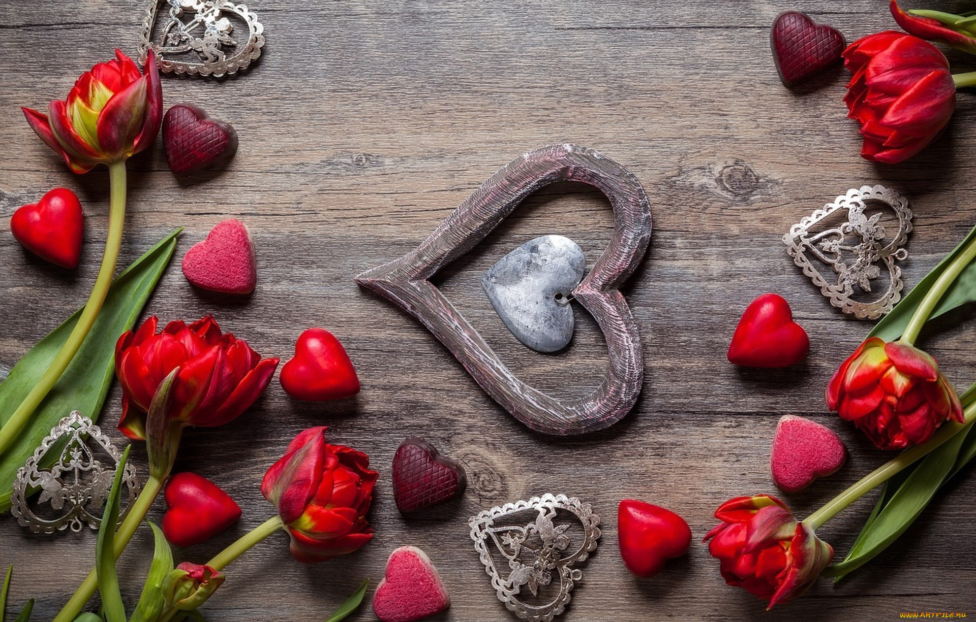 праздничные, день, святого, валентина, , сердечки, , любовь, тюльпаны, сердечки