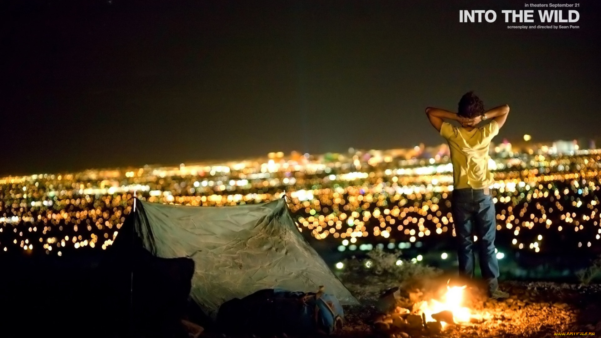 кино, фильмы, into, the, wild, парень, костер, палатка, огни