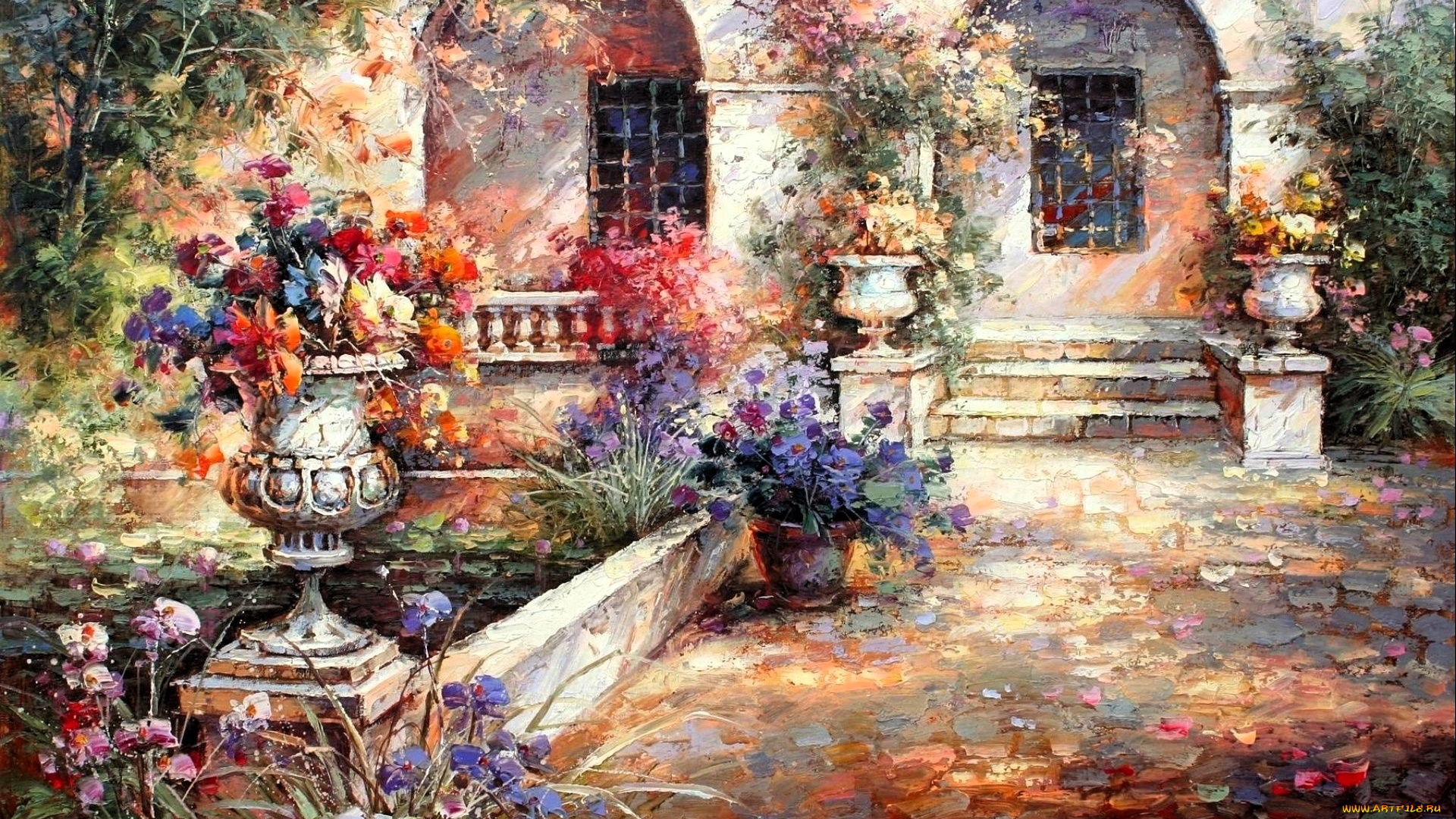 рисованное, живопись, особняк, сад, вазон, цветы