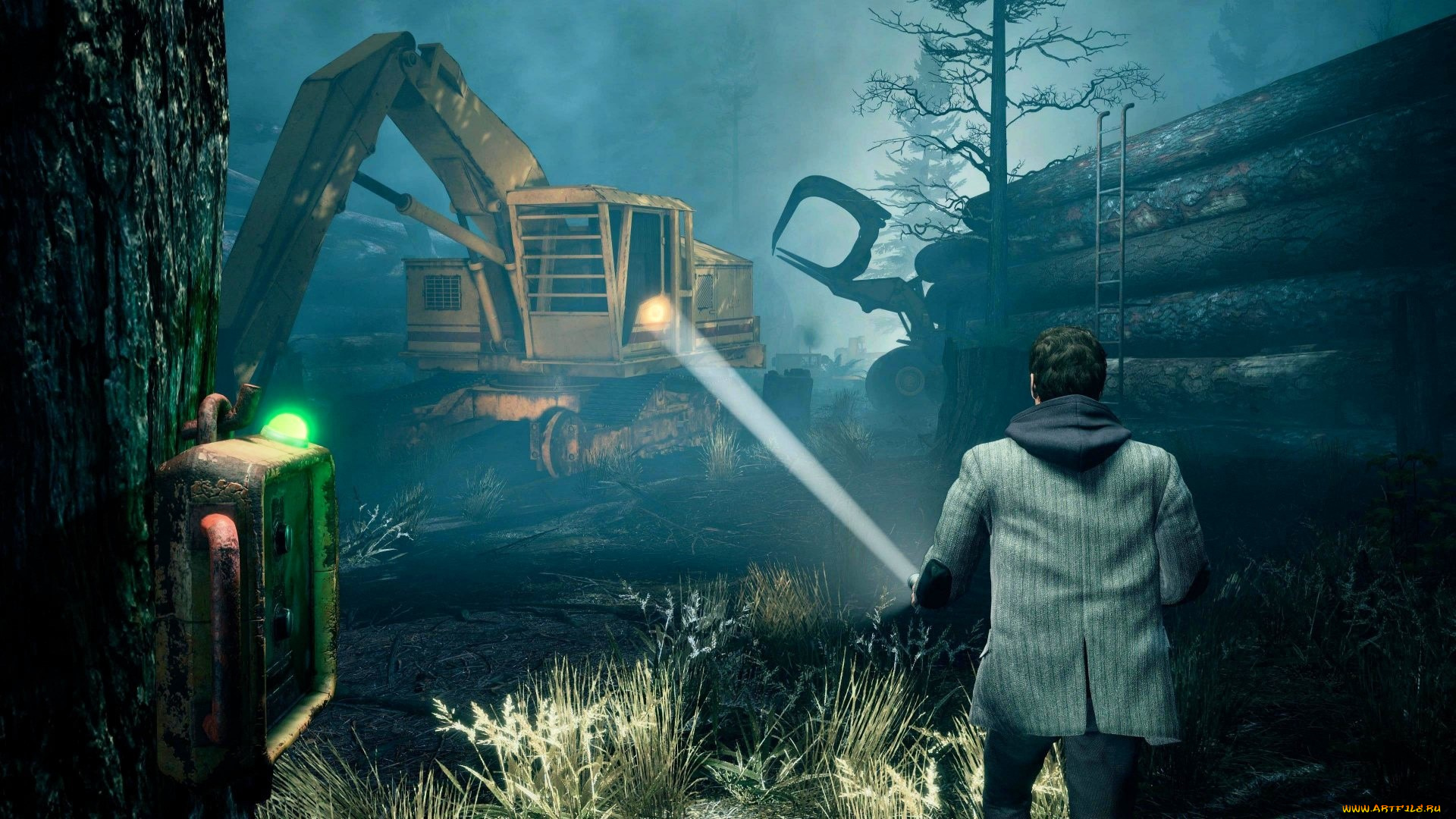 видео, игры, alan, wake, мужчина, фонарь, экскаватор