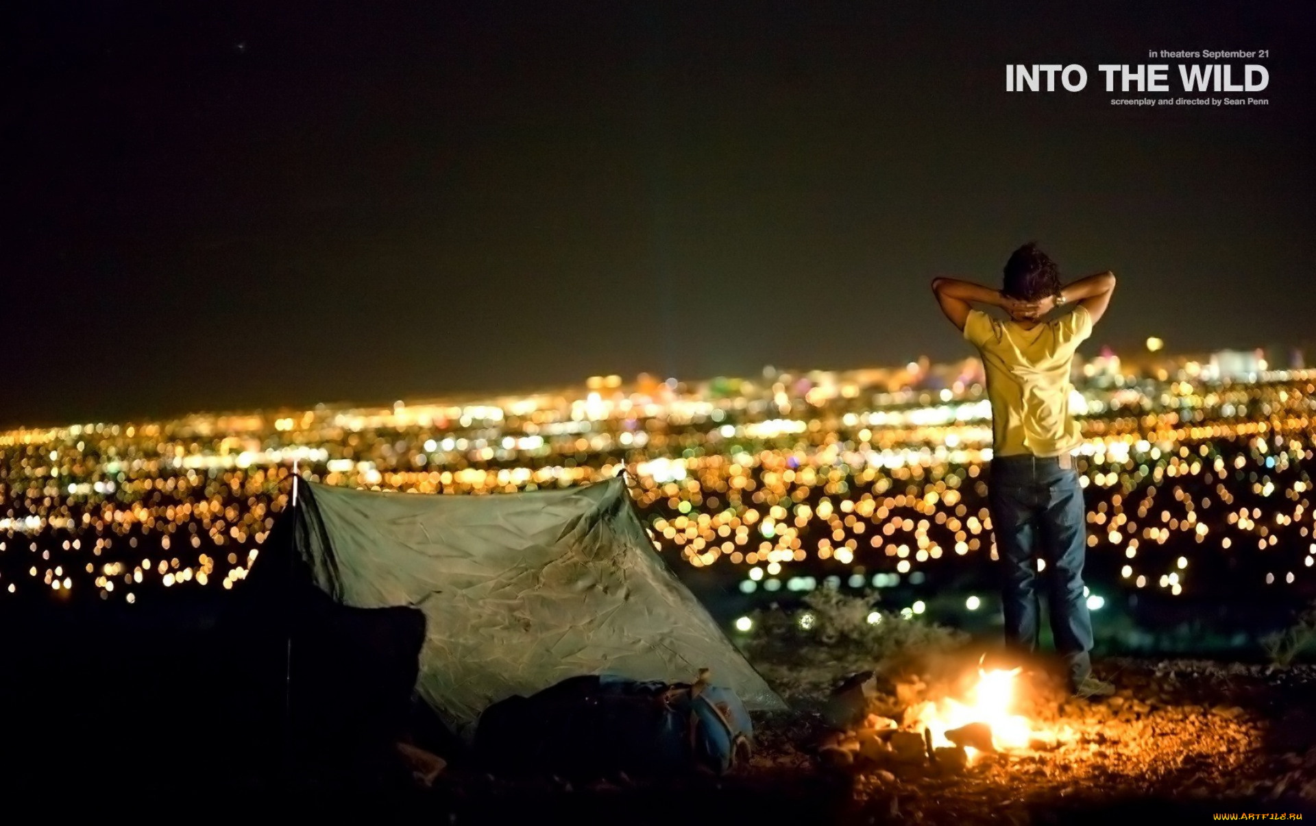 кино, фильмы, into, the, wild, парень, костер, палатка, огни