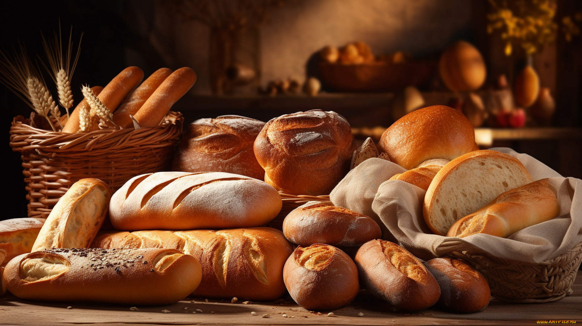 3д, еда, хлеб, , выпечка, батоны, багеты, булочки