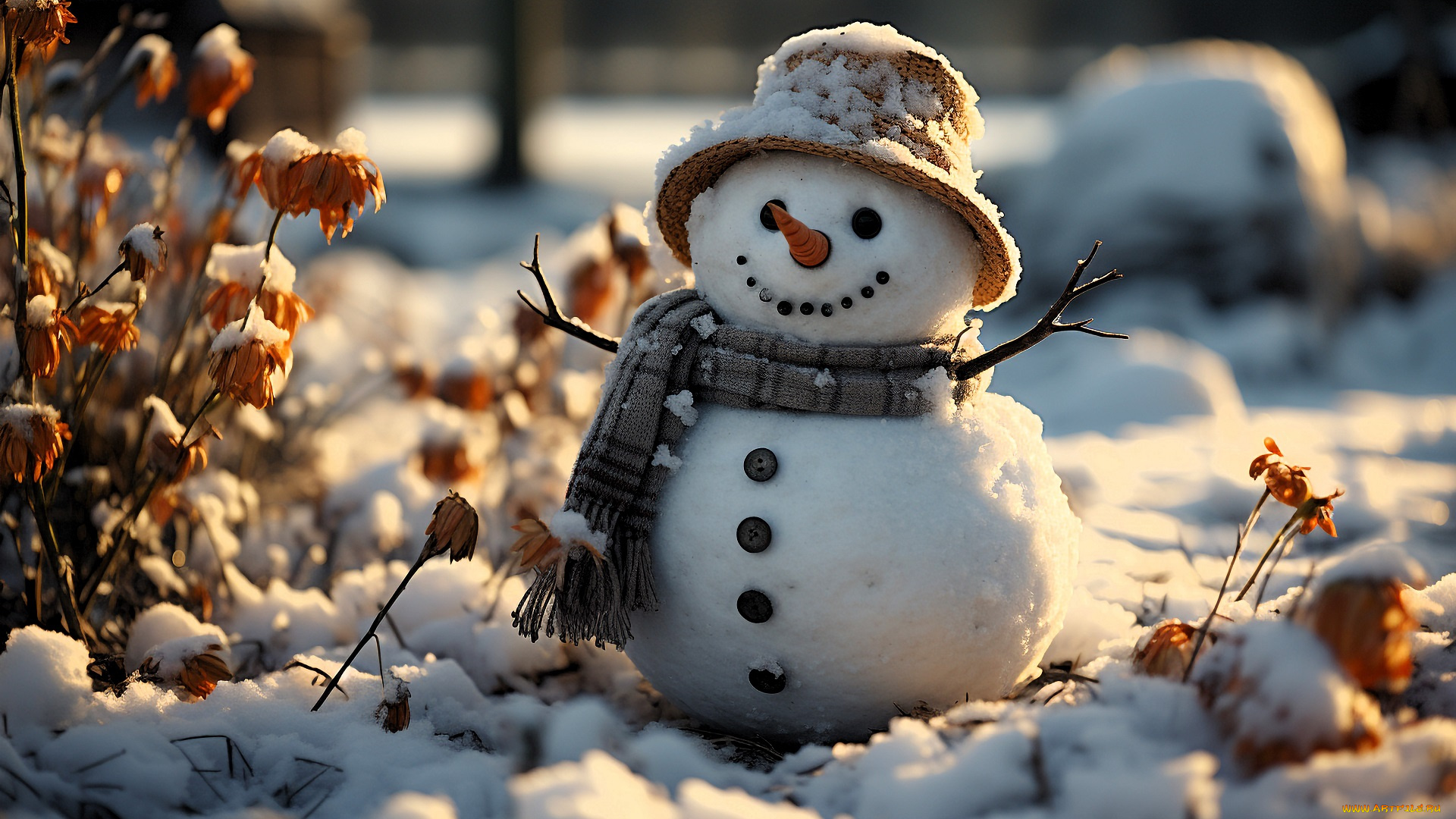 праздничные, снеговики, снеговик, снег, шляпа, шарф, кусты, листья