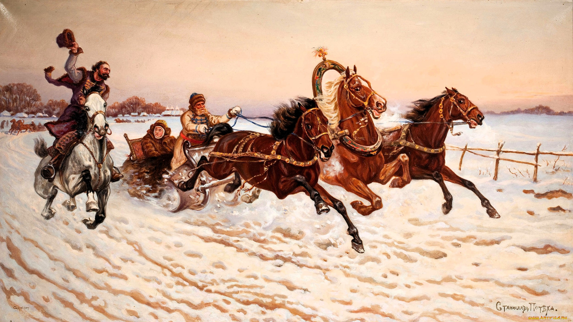 рисованное, василий, перов, тройка, сани, всадник, снег, зима