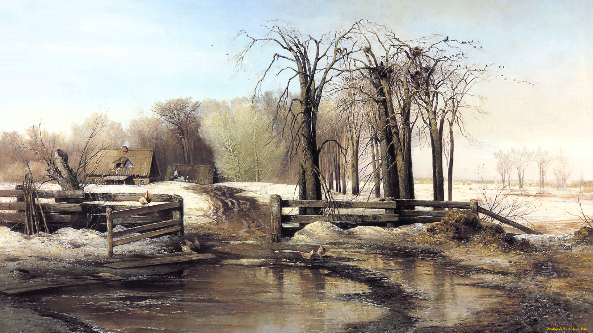 саврасов, алексей, -, весенний, день, рисованное, алексей, саврасов, весна, снег, грязь, лужи, дома, дорога, деревья