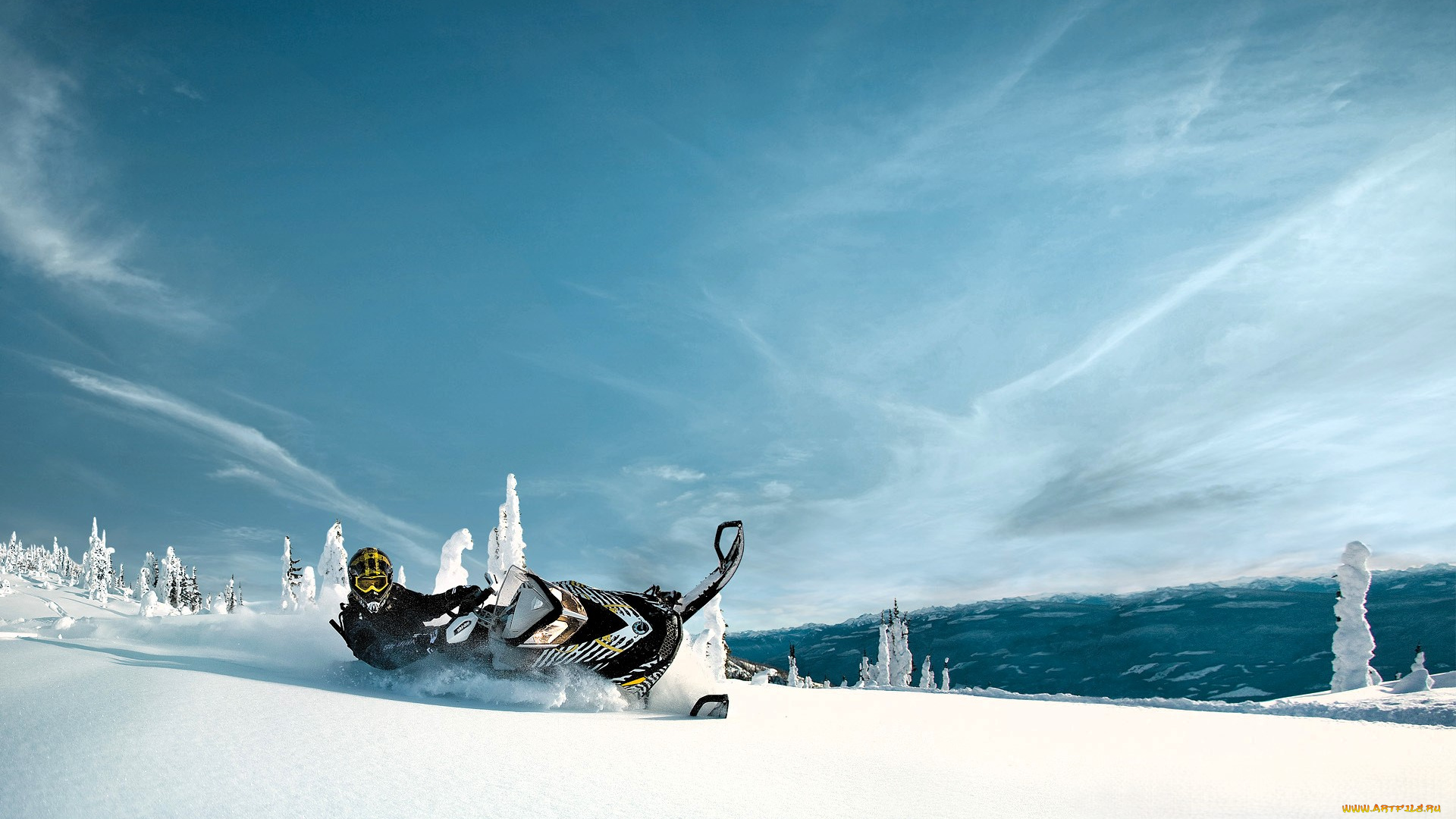 спорт, экстрим, небо, облака, снег, зима, горы, снегоход