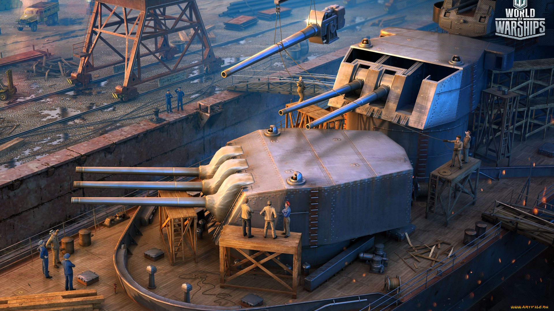 видео, игры, world, of, warships, порт, кран, корабль, пушки, люди, стройка