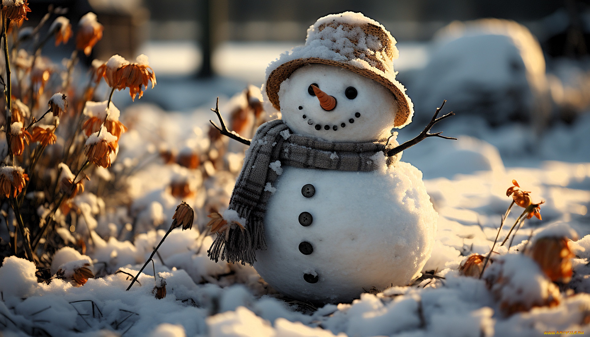 праздничные, снеговики, снеговик, снег, шляпа, шарф, кусты, листья