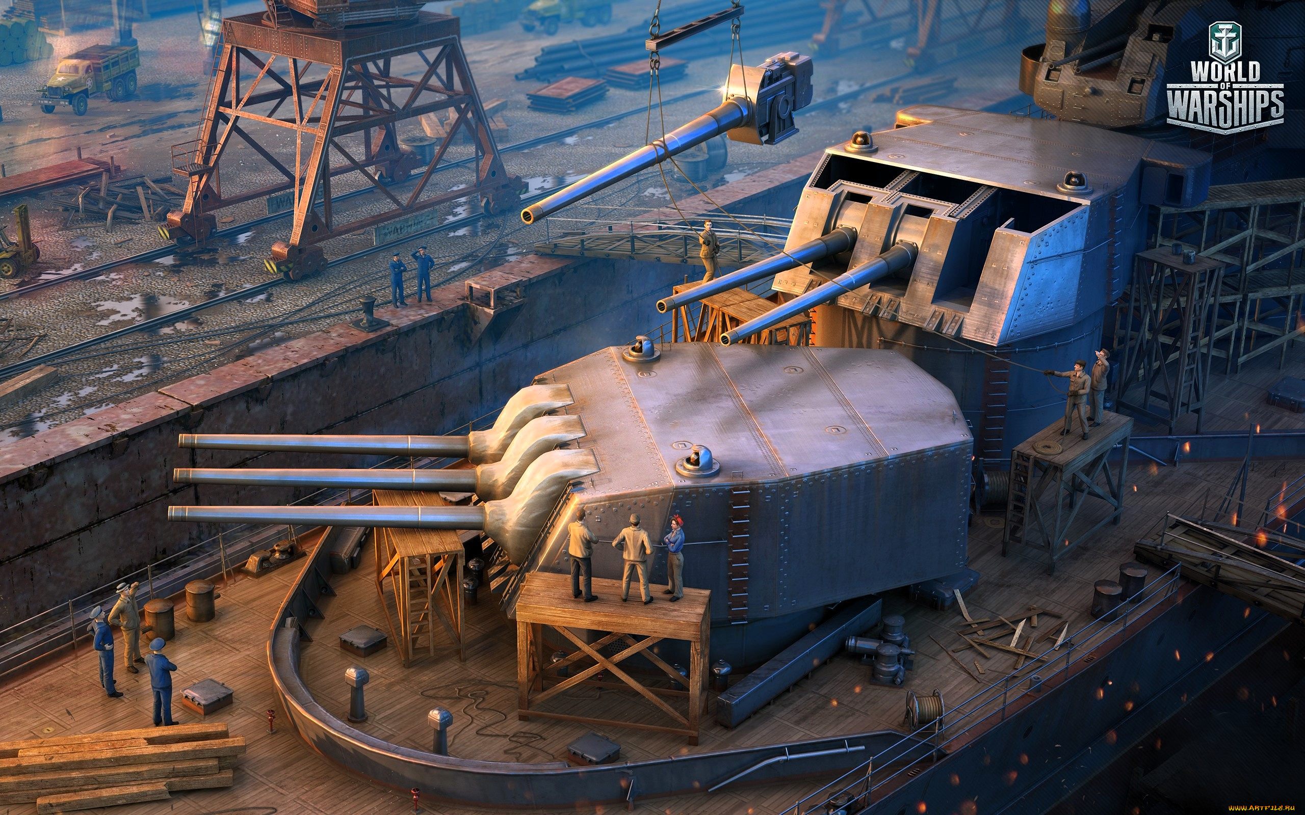 видео, игры, world, of, warships, порт, кран, корабль, пушки, люди, стройка