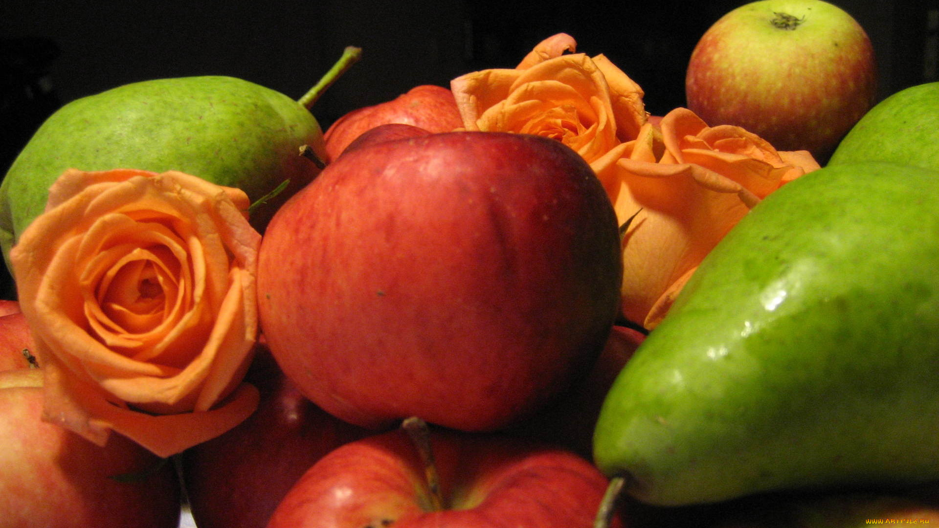 еда, фрукты, ягоды, груши, яблоки, розы