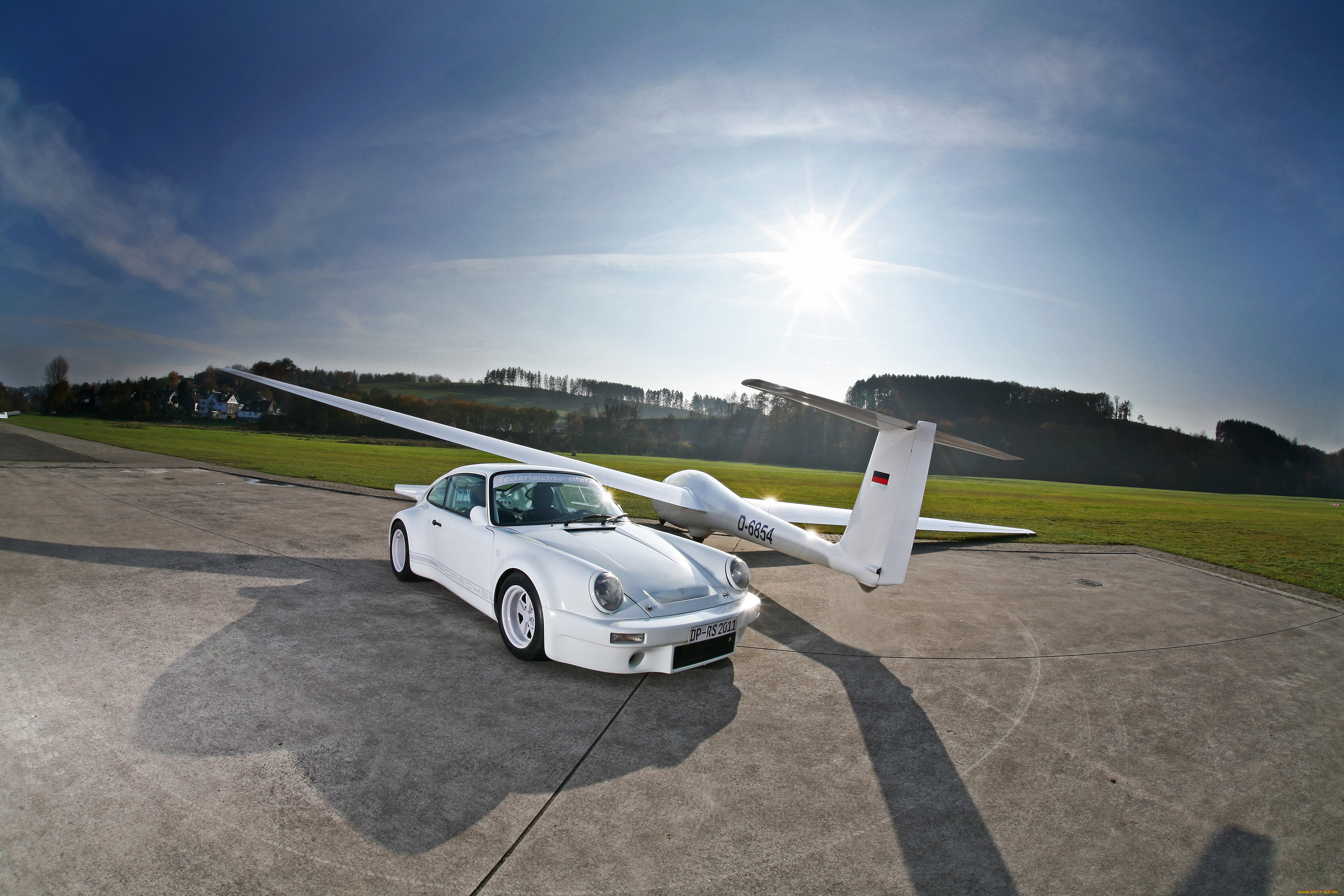 автомобили, porsche, 911, порше, самолёт, солнце, аэродром