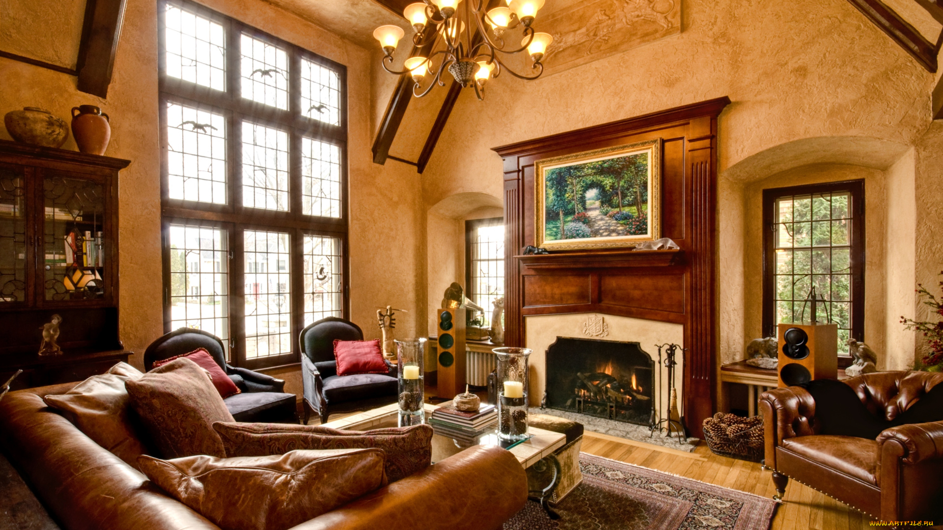 интерьер, гостиная, камин, диван, картина, люстра
