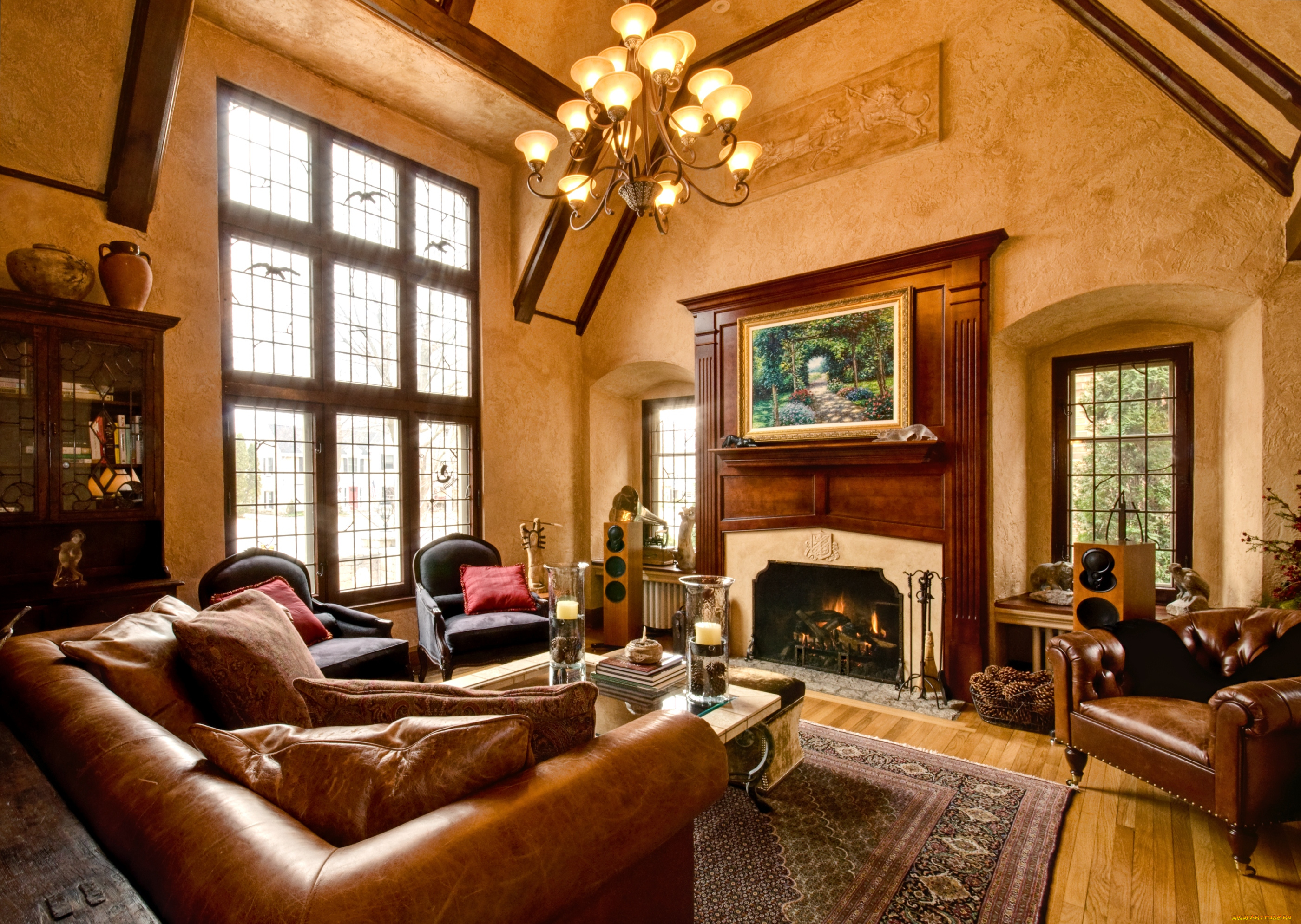 интерьер, гостиная, камин, диван, картина, люстра
