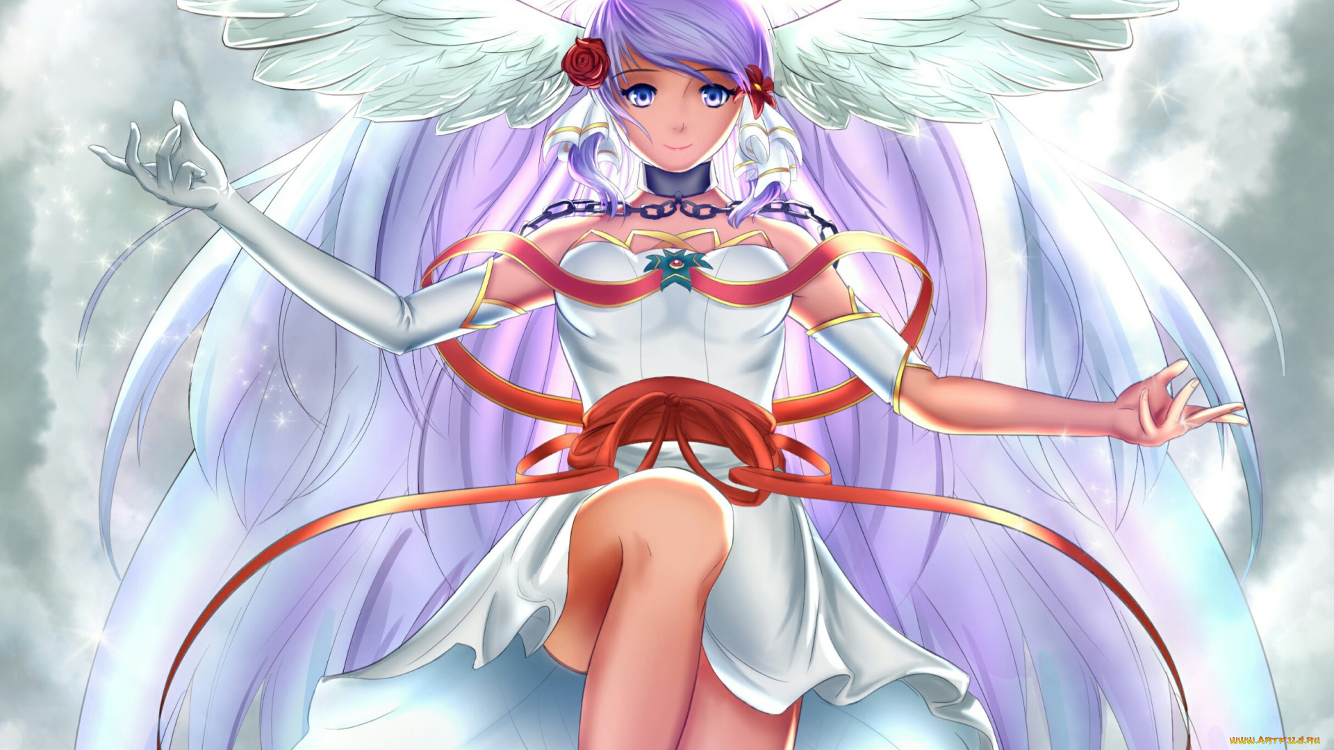 аниме, -angels, &, demons, девушка, ангел, крылья, цепь, ленточки, белый, фон, розы