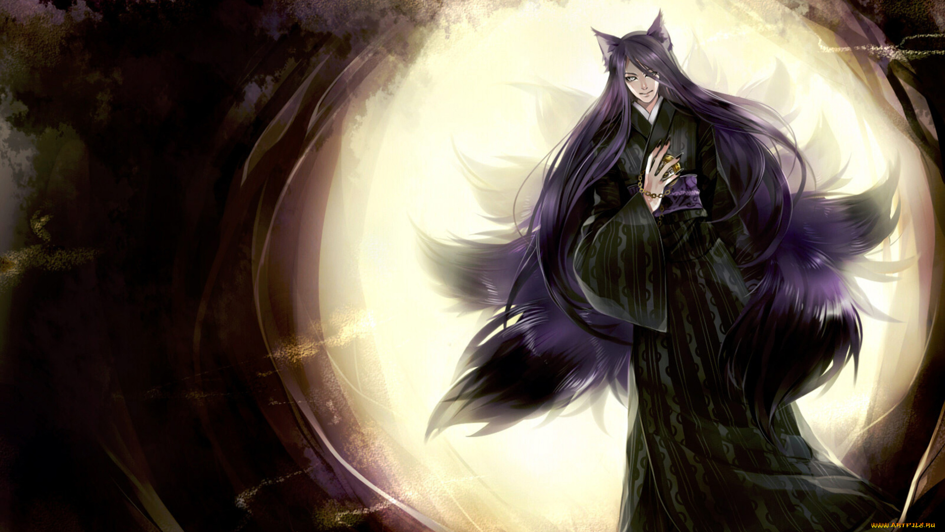 аниме, -animals, демон, луна, сияние, волосы, хвосты, уши, когти, часы, парень