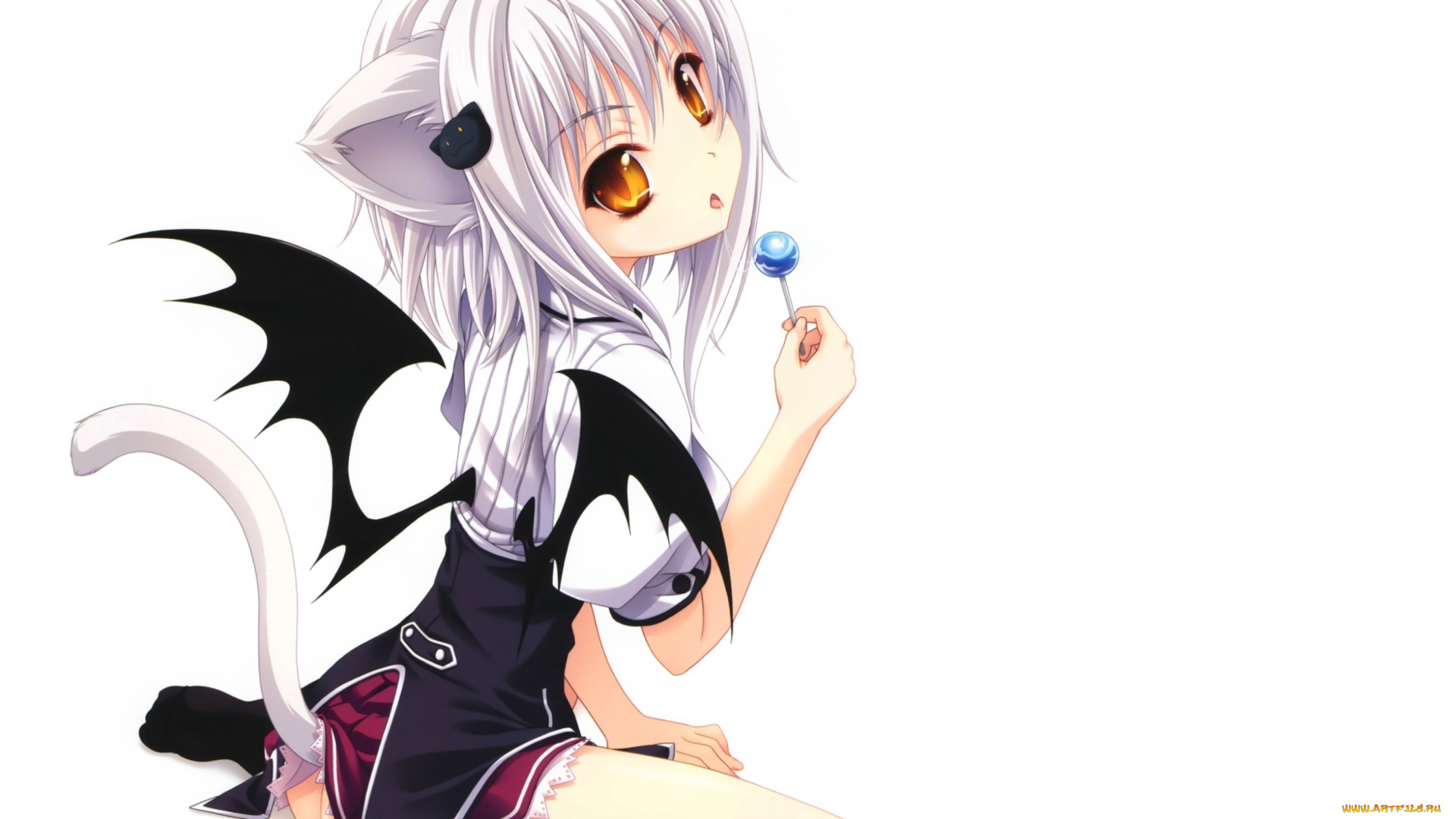 аниме, -animals, хвост, ушки, чупа-чупс, демон, крылья, неко, удивление, взгляд