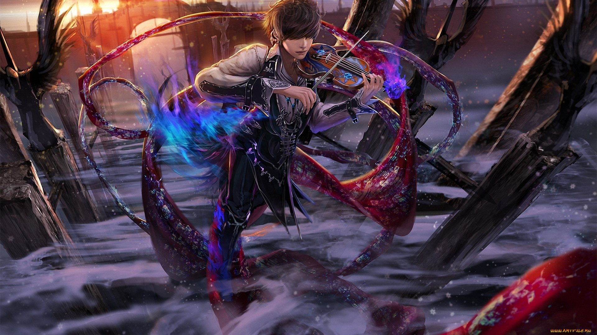 аниме, -headphones, &, instrumental, парень, музыкальный, инструмент, скрипка, вода, арка