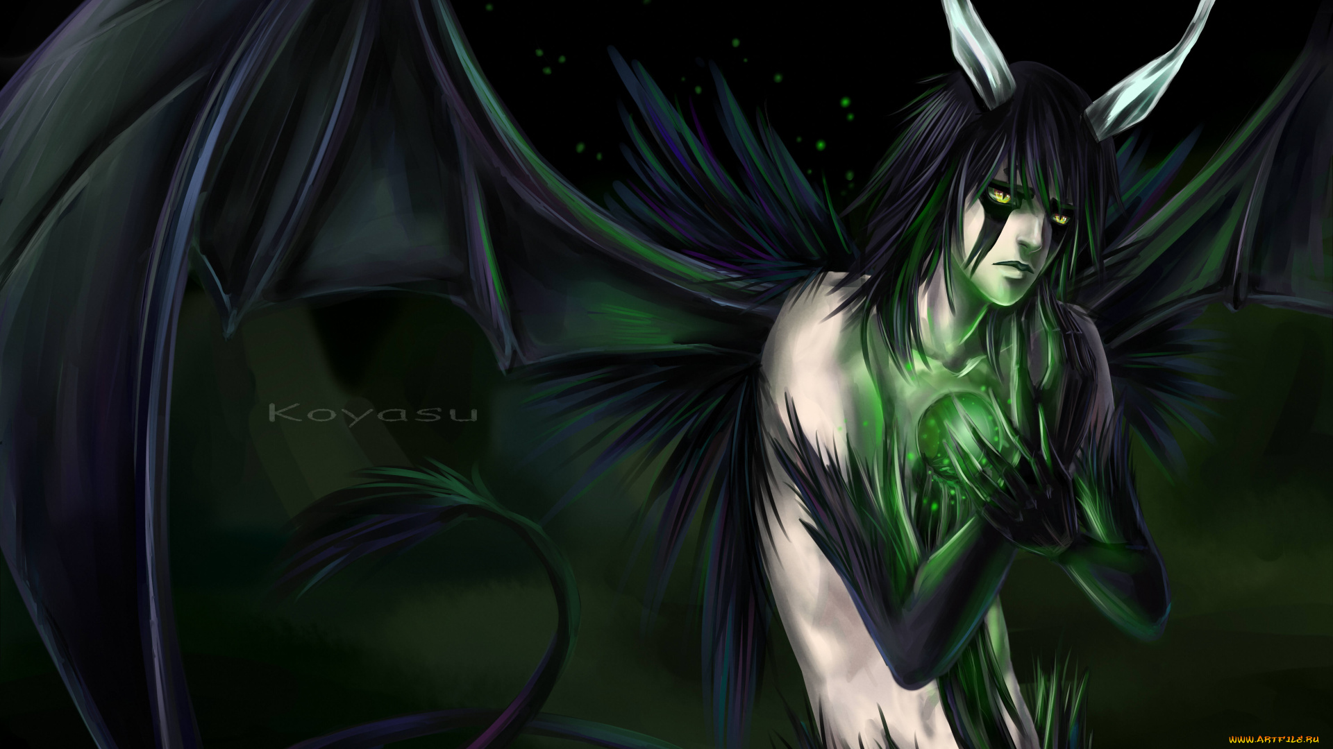 аниме, bleach, блич, аранкар, улькиорра, шиффер, пустой, ночь, рога, крылья