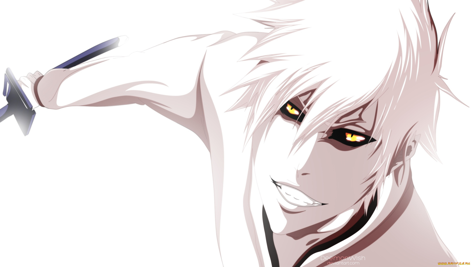 аниме, bleach, пустой, хичиго, улыбка, занпакто, белый, фон, жёлтые, глаза