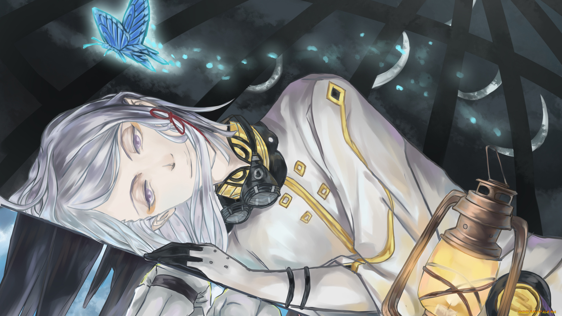 аниме, last, exile, белые, волосы, фонарь, ночь, бабочка, лежит, очки, улыбка, парень