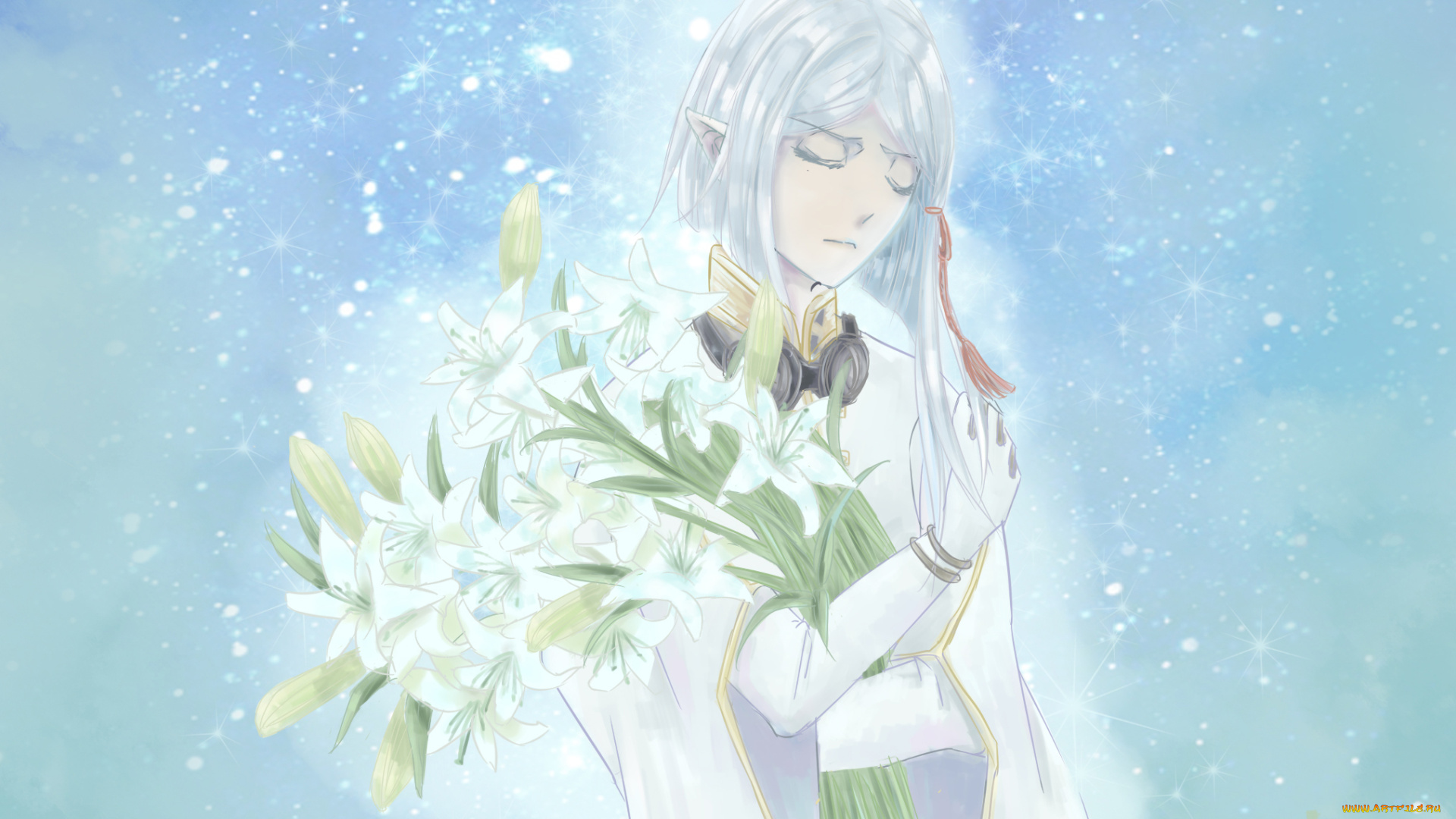 аниме, last, exile, эльф, парень, лилии, снег, наушники