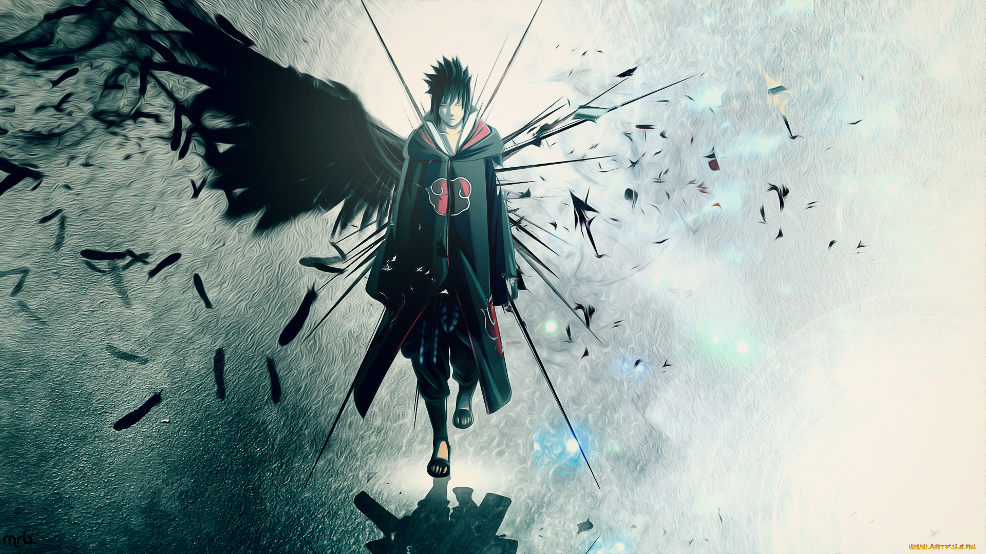 аниме, naruto, идёт, акатцки, перья, крыло, отступник, арт, саске, наруто