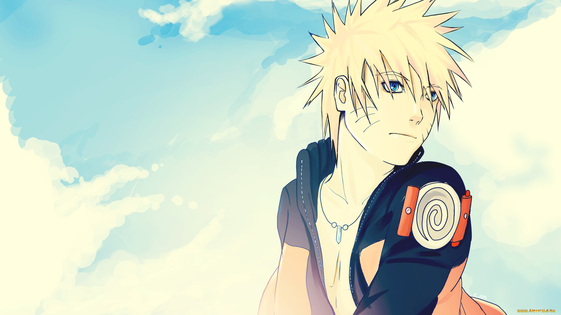 аниме, naruto, наруто, голубые, глаза, облака, небо, блондин, парень, кулон