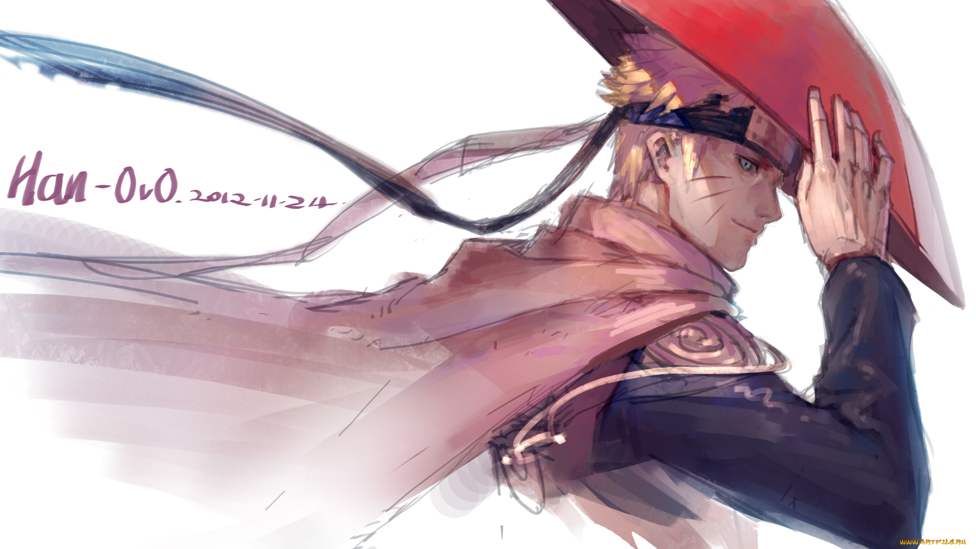 аниме, naruto, взгляд, парень, блондин, рука, плащ, белый, фон, ленты, головной, убор, шляпа, наруто