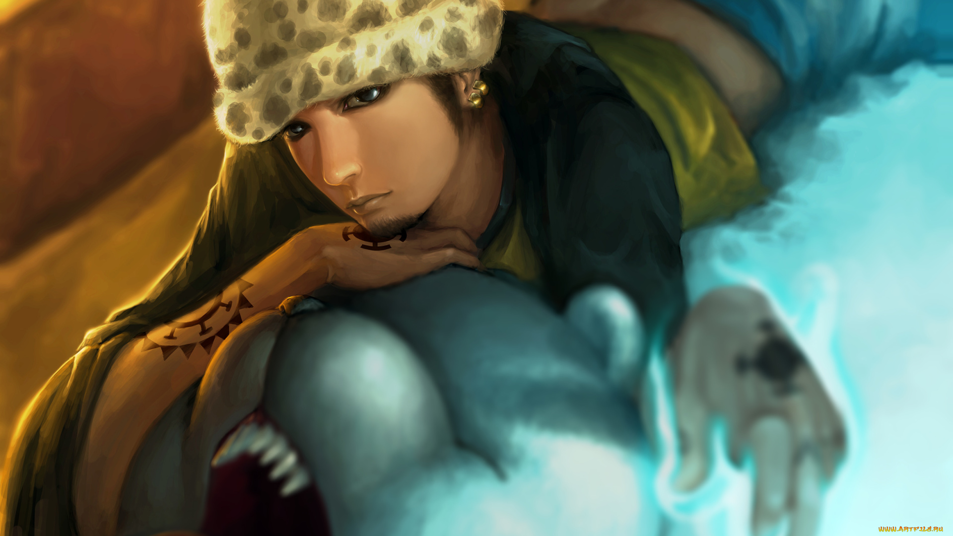 аниме, one, piece, язык, медведь, лежит, клыки, сияние, trafalgar, law, bepo, тату, парень, шапка, бородка