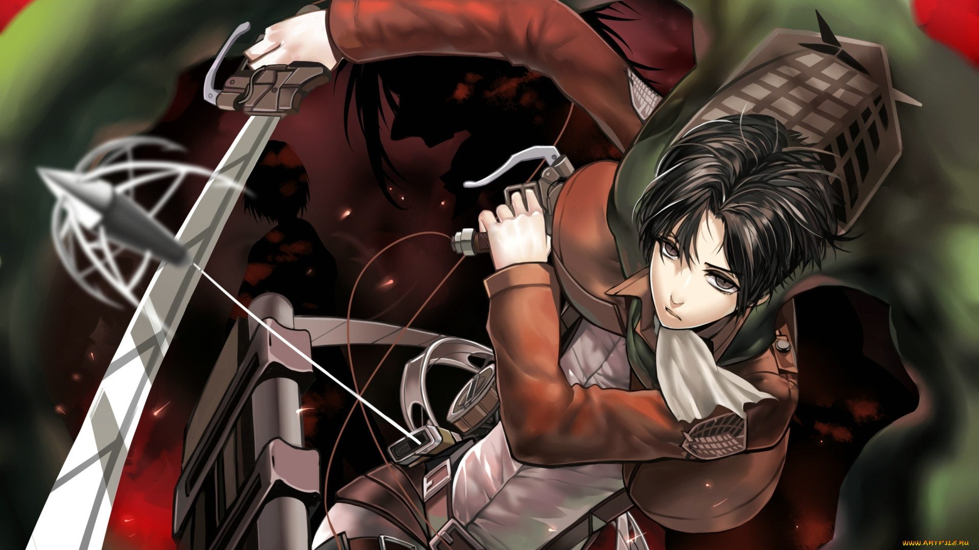 аниме, shingeki, no, kyojin, гиганты, солдат, плащ, полет, спокойствие, levi, парень, shingeki, no, kyojin, клинки