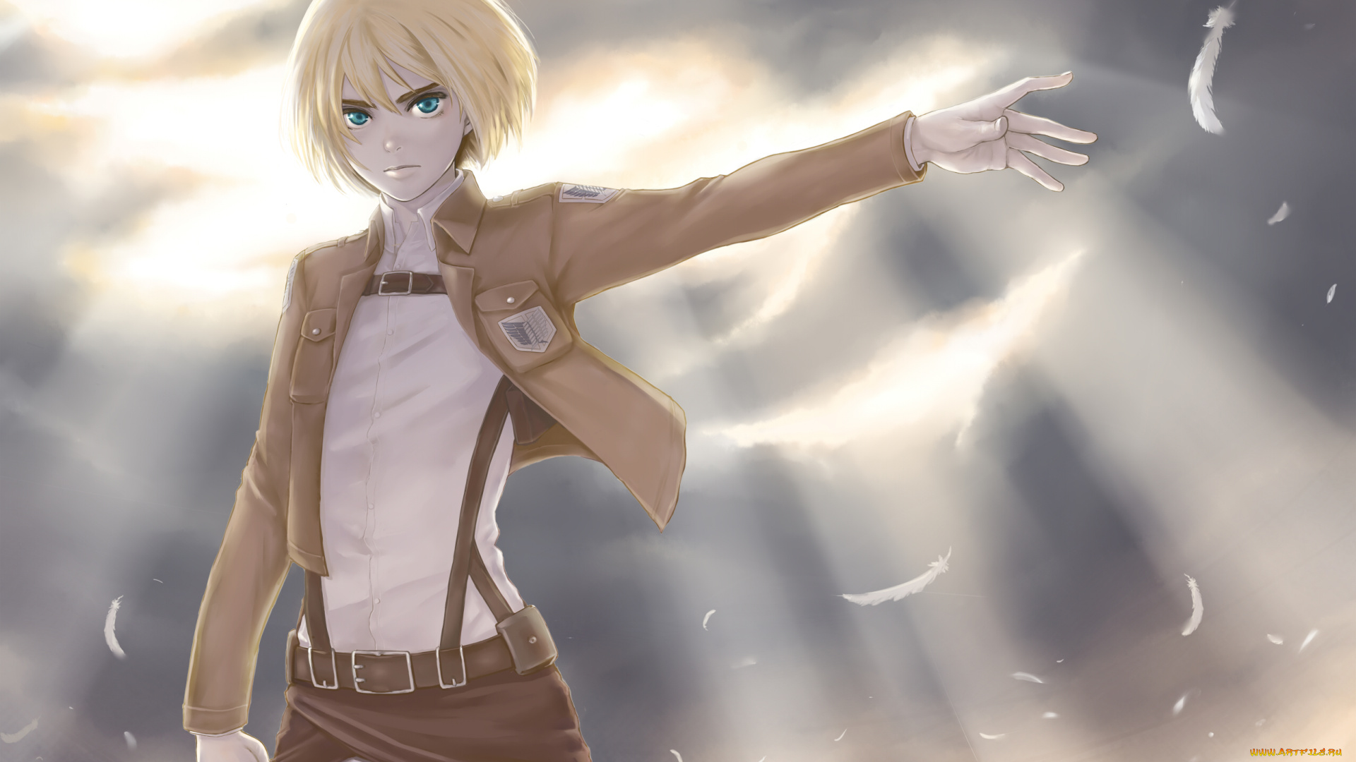 аниме, shingeki, no, kyojin, перья, солдат, ветер, взгляд, жест, лучи