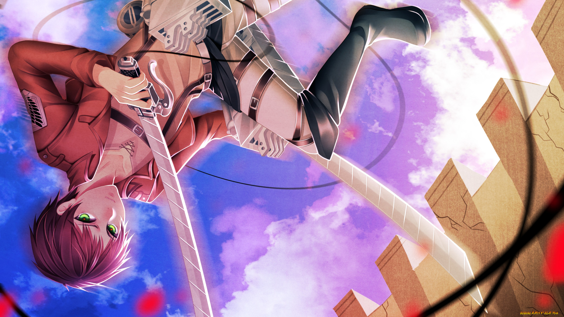 аниме, shingeki, no, kyojin, злость, взгляд, shingeki, no, kyojin, лепестки, полет, клинки, eren, jaeger, парень, seishiki, art