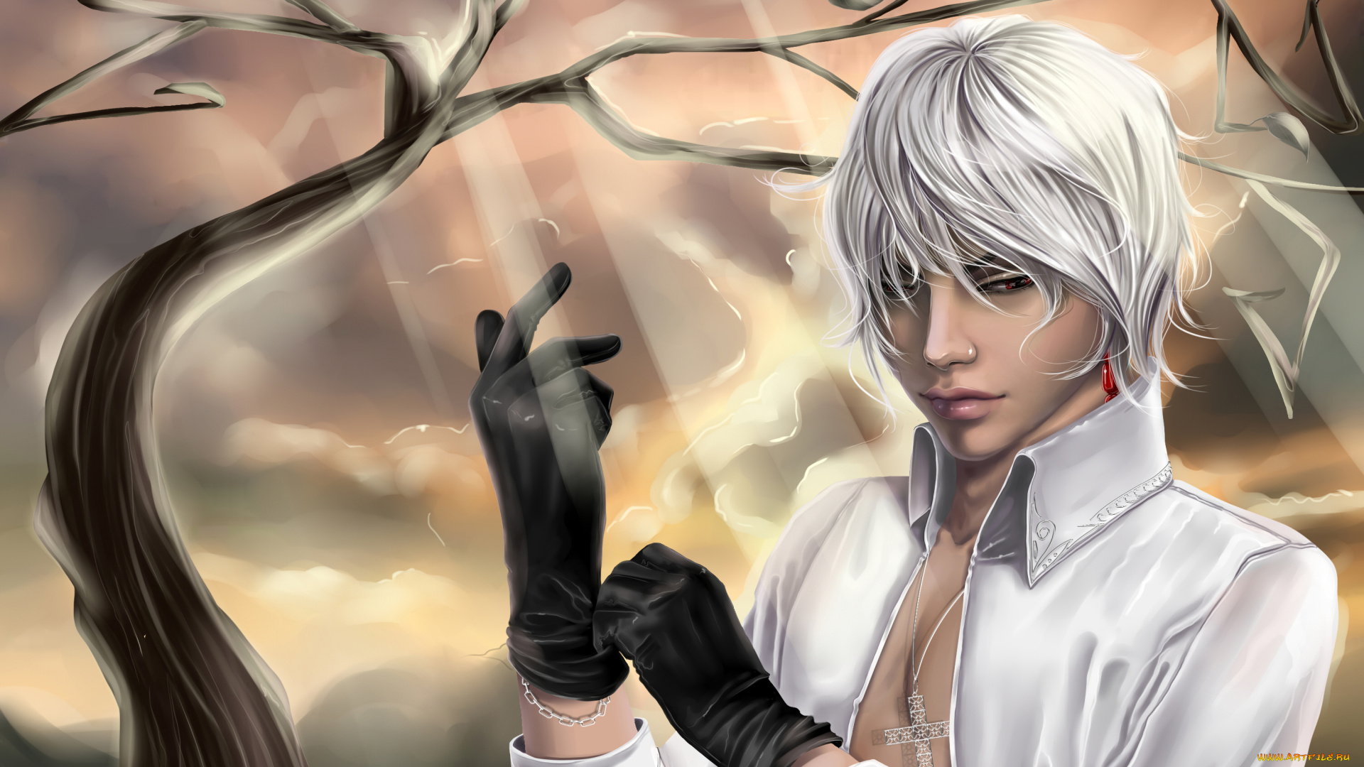 аниме, *unknown, , другое, белые, волосы, парень, ветка, серьга, перчатки, браслет, крест