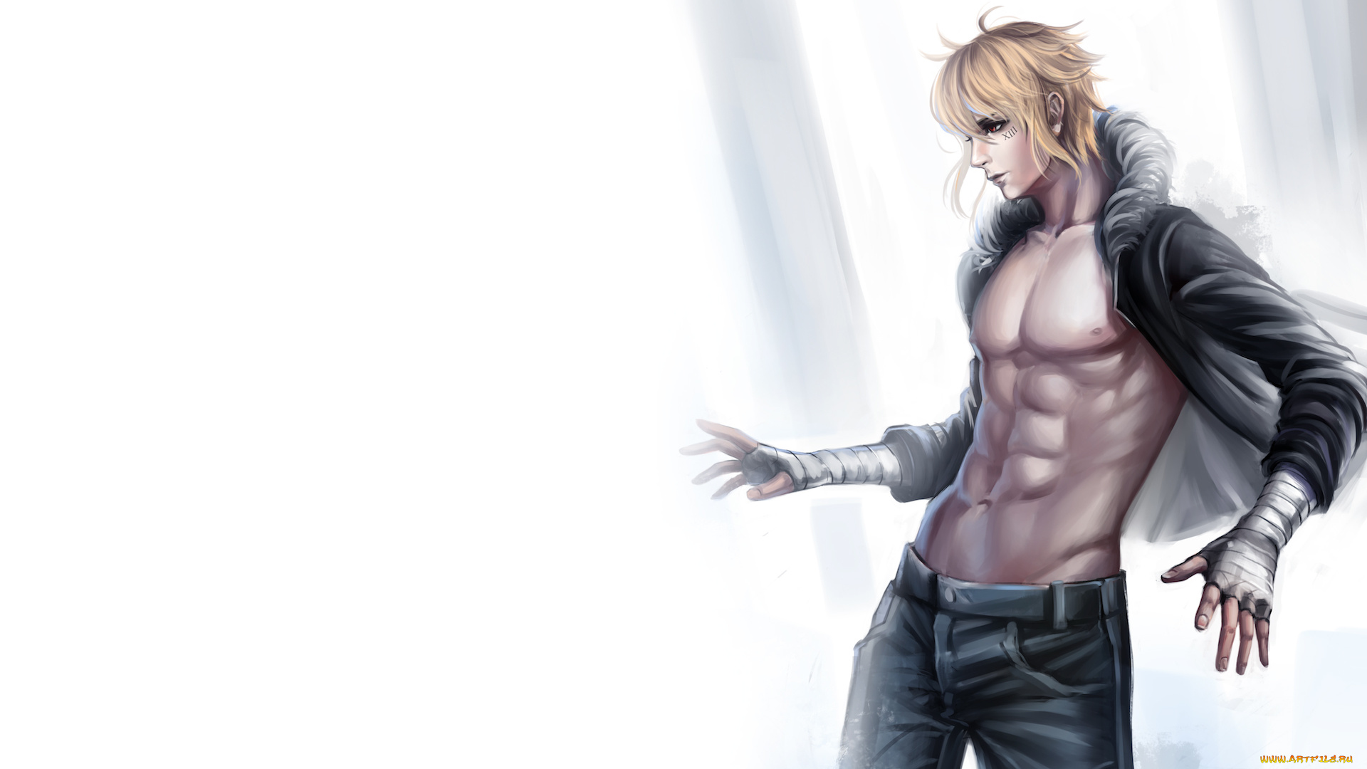 аниме, *unknown, , другое, число, бинты, красные, глаза, парень, белый, фон