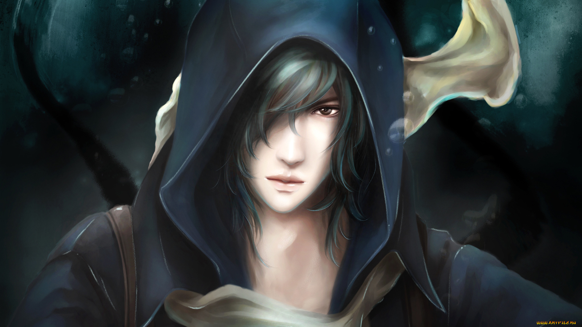 аниме, *unknown, , другое, капюшон, парень, взгляд, лицо, шарф, пузыри