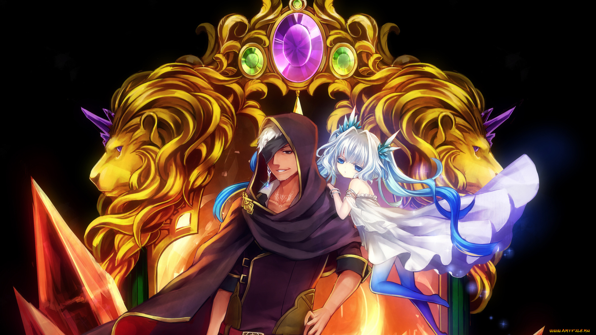 аниме, *unknown, , другое, львы, девочка, парень, капюшон, плащ, повязка, камни