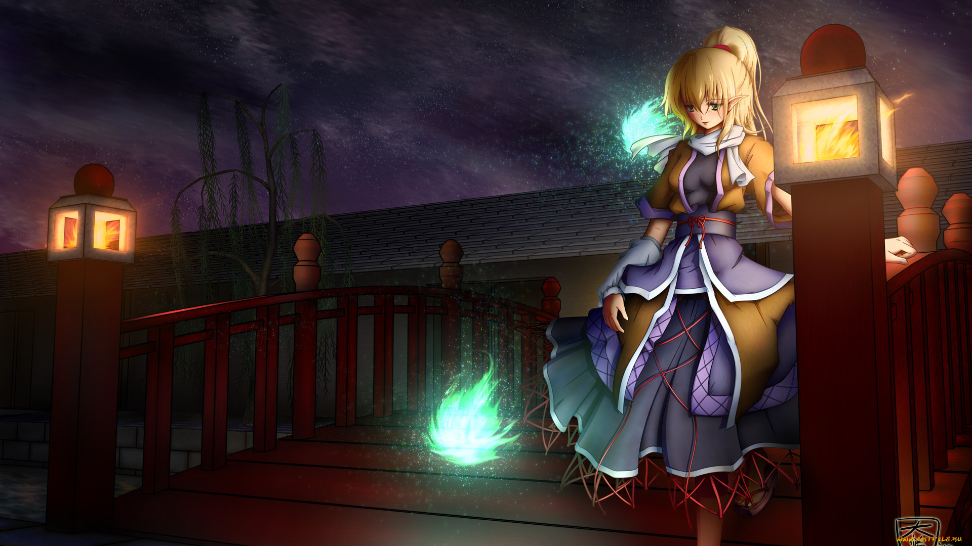 аниме, *unknown, , другое, огонь, магия, огни, ночь, девушка, мост, эльф