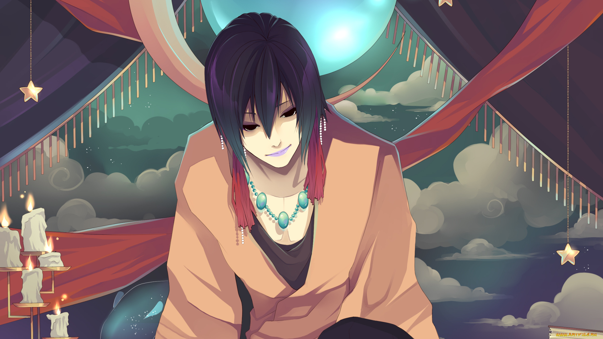 аниме, *unknown, , другое, парень, свечи, облака, улыбка, бусы, звёзды