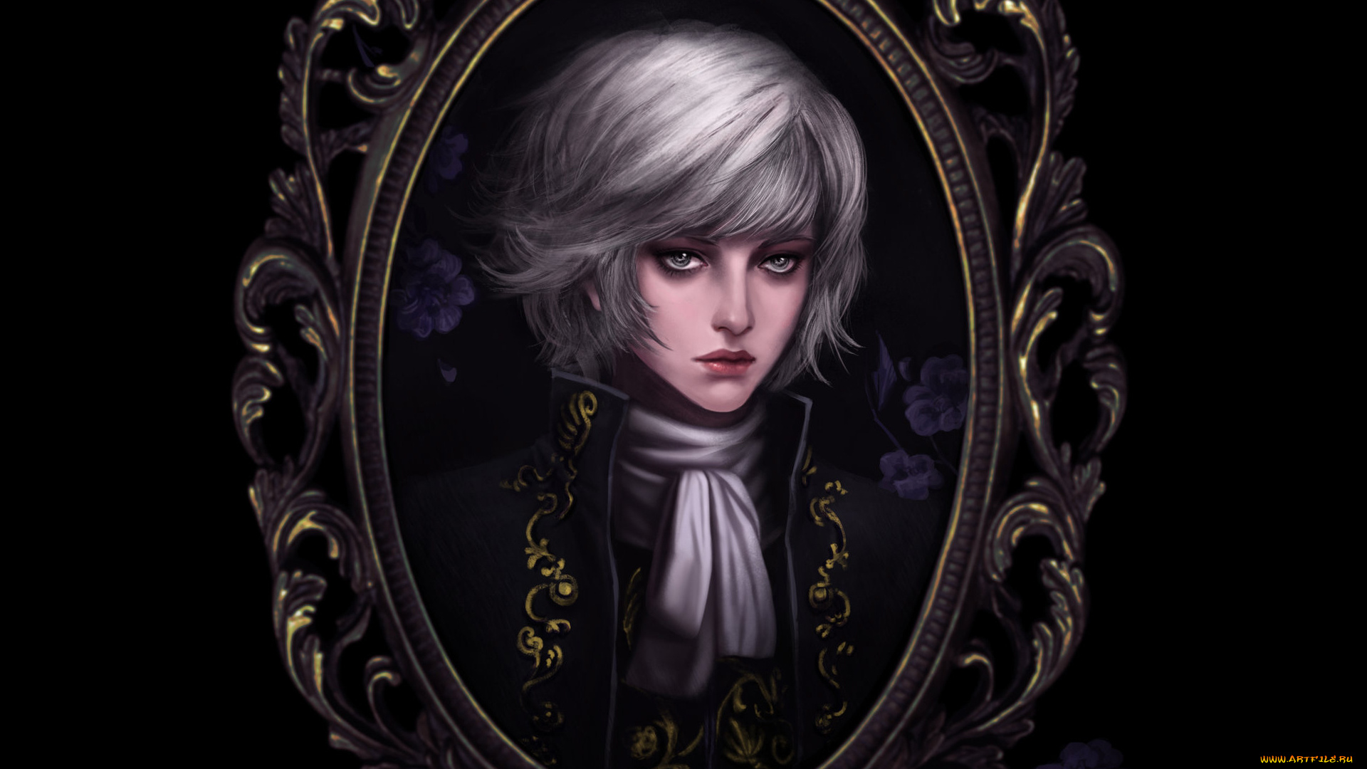 аниме, *unknown, , другое, портрет, узор, черный, фон, рамка, цветы, парень