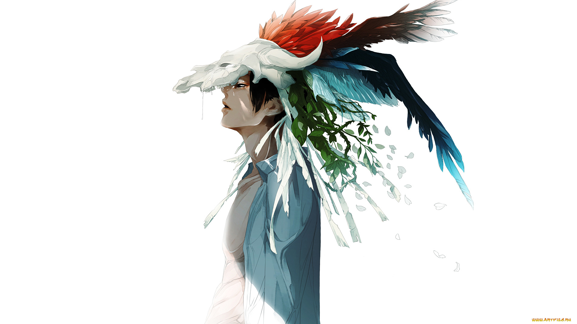 аниме, *unknown, , другое, ветки, листья, рубашка, череп, белый, парень, перья