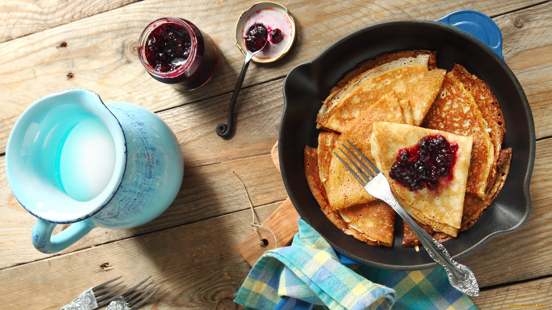 еда, блины, , оладьи, молоко, джем