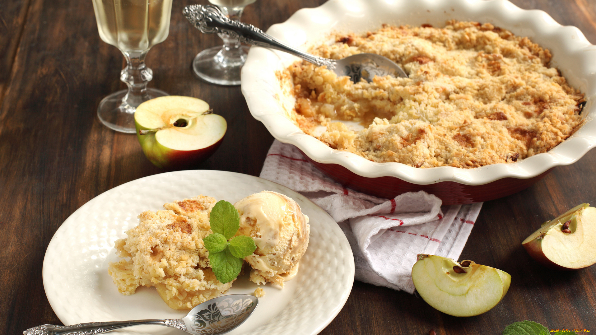 еда, пироги, пирог, мороженое, яблоки, мята