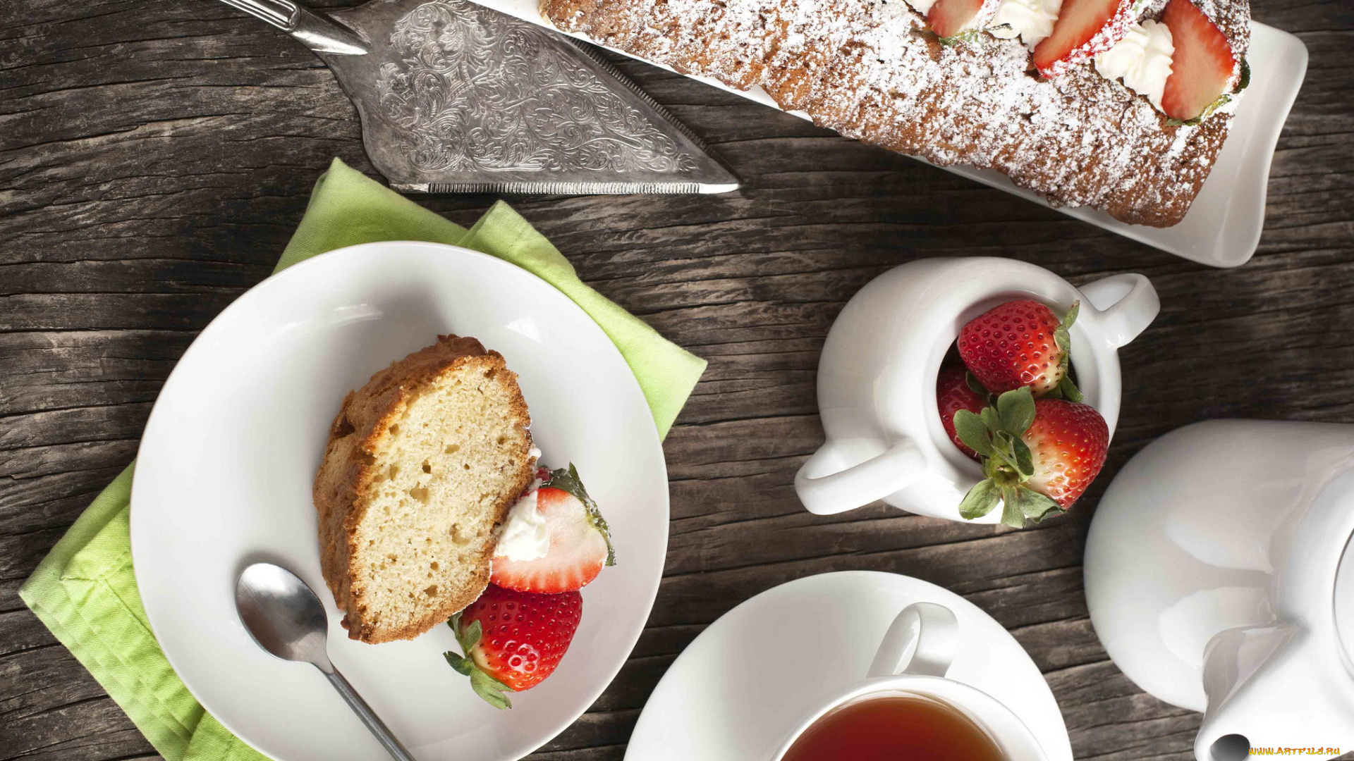 еда, разное, чай, клубника, пирог