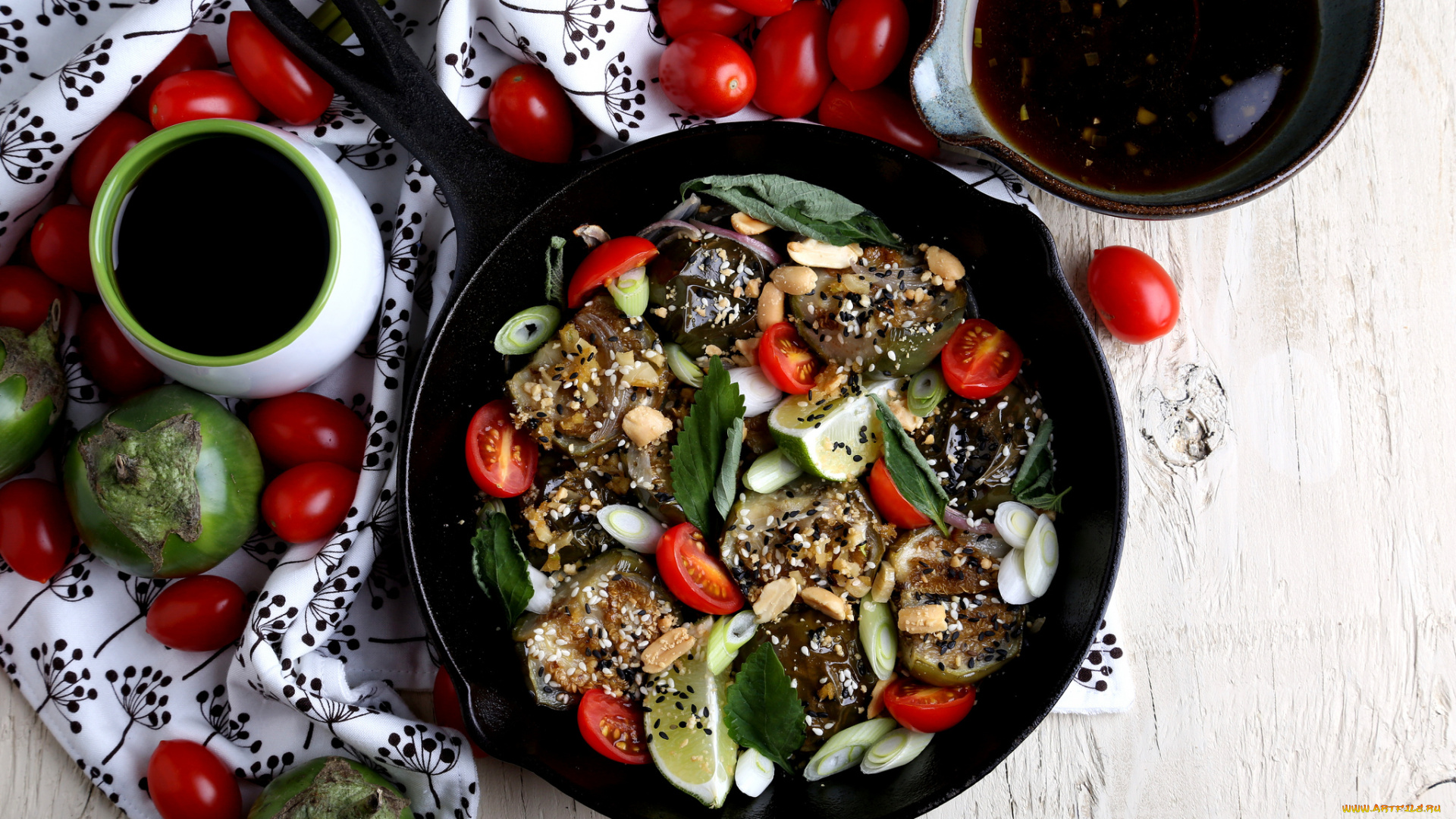 еда, вторые, блюда, тайская, кухня, баклажаны, помидоры