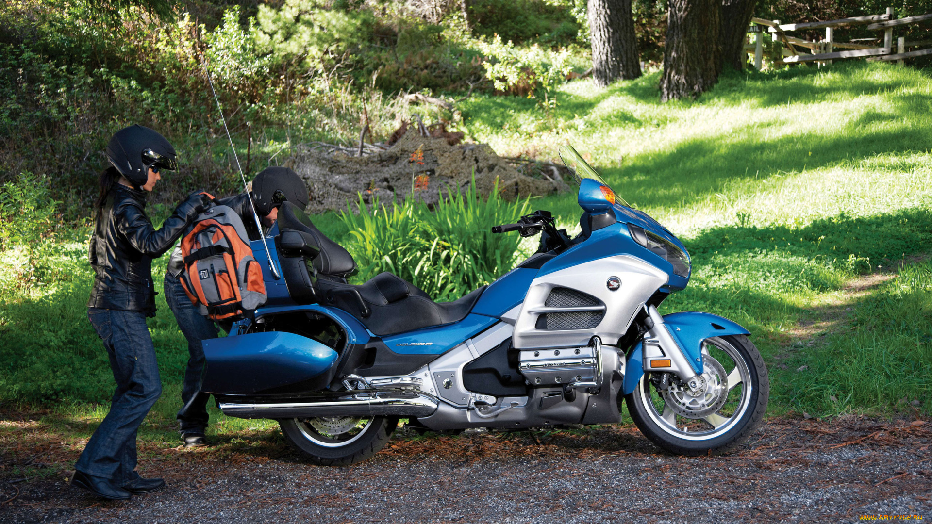 honda, goldwing, 2012, мотоциклы, honda, хонда, золотокрылая, синяя, природа, мотоциклисты